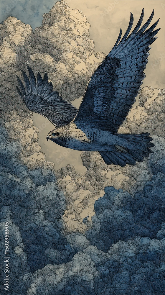 Fototapeta premium Eagle watercolor stormy cloud flying majestic bird blue sky nature dramatic powerful wildlife