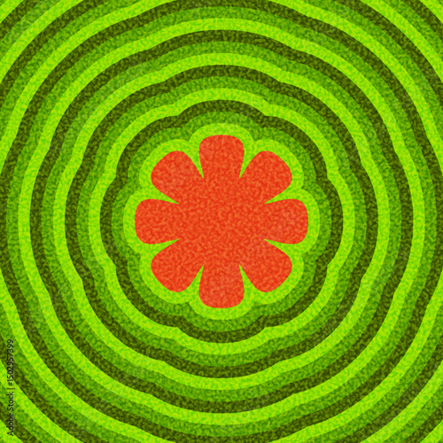 Bright red flower shape with rounded petals on layered green ripple waves. Vector illustration for decorative use.