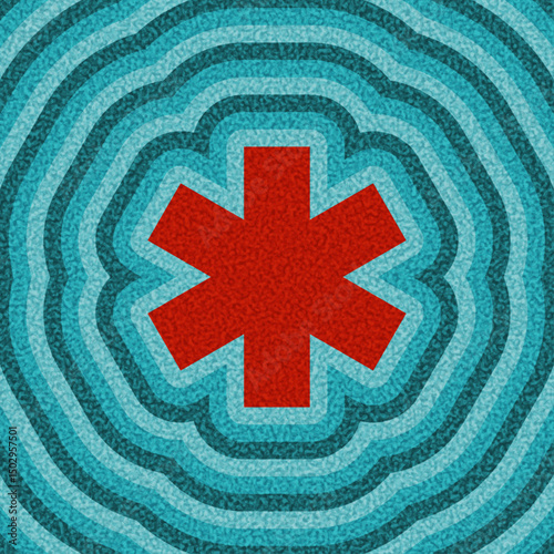 Bold red asterisk icon over concentric blue ripple rings. Vector illustration with abstract pattern.