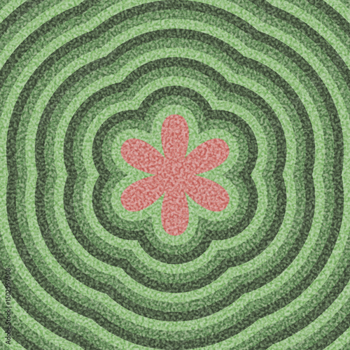 Pink flower-like shape centered on green ripple background. Vibrant and retro style. Vector illustration.