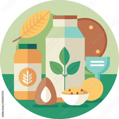 Flat design illustration of healthy foods and organic elements with green circle