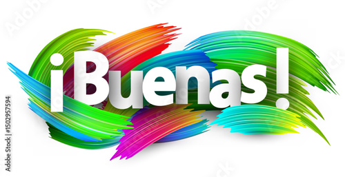 Spanish word meaning hi or hello in bold white letters over vibrant multicolor vector brush strokes