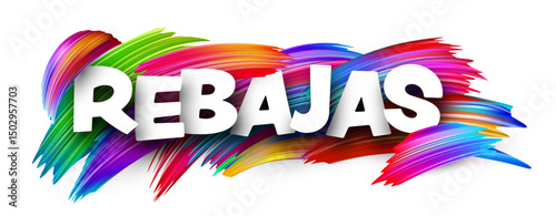Bright vector illustration with the Spanish word for Sale in bold text. Spanish language, colorful brush strokes, vector. photo