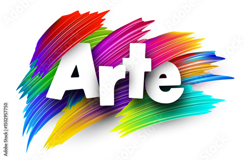 The Spanish word for art displayed in bold white text over multicolored brushstrokes