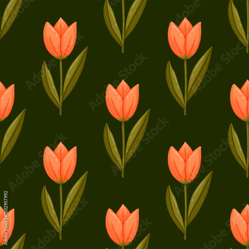 Dark Tulip  Illustration Seamless Pattern Background For Fabric Textile And Wallpaper