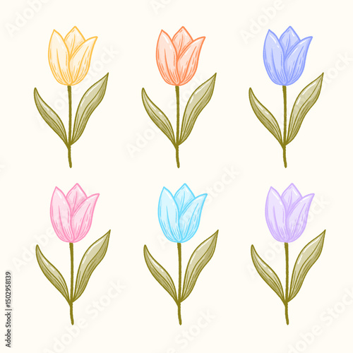 Set Of Tulips With Pastel Color Handdrawing Art For Decoration