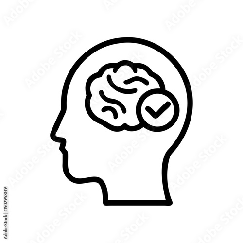 Brain Icon with Check Mark Outline Style Symbol