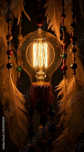 The image shows a close-up of an illuminated glass bulb with a reflective surface, casting a warm glow, against a dark background.