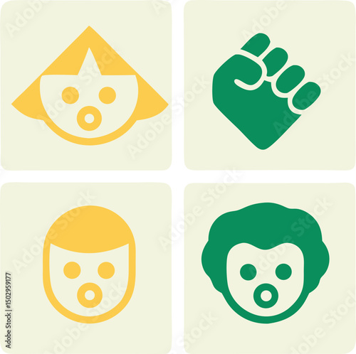 Graphic design of diverse faces and fist on textured square elements