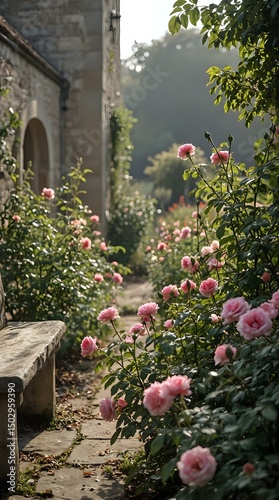 This is an artistic painting depicting a serene night scene with a large full moon reflecting on a body of water, surrounded by a landscape of trees and flowers.