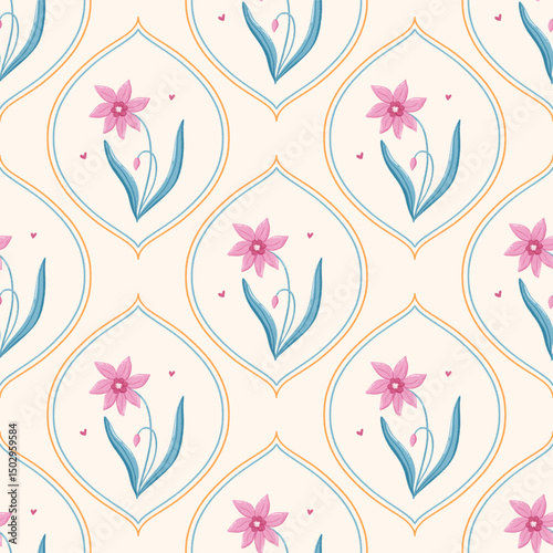 Spring With Line Mosaic Floral Blooming Seamless Pattern Background Wallpaper