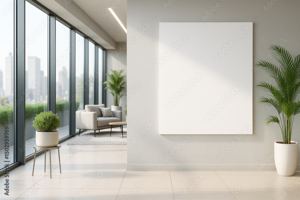 Obraz premium Blank poster mockup on wall in modern bright office interior with plants, furniture, and city view through glass windows. Concept for branding design.
