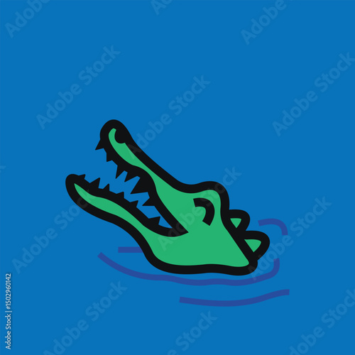 vector illustration of a green crocodile emerging from the water with only its head visible.