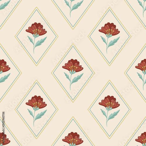 Diamond With Floral Seamless Pattern In Red Color Background Wallpaper
