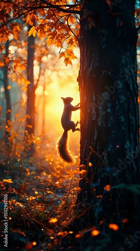 A vibrant orange snake slithers through a dense, verdant forest, its head and body blending seamlessly with the foliage, with light glows emanating from the surrounding trees.
