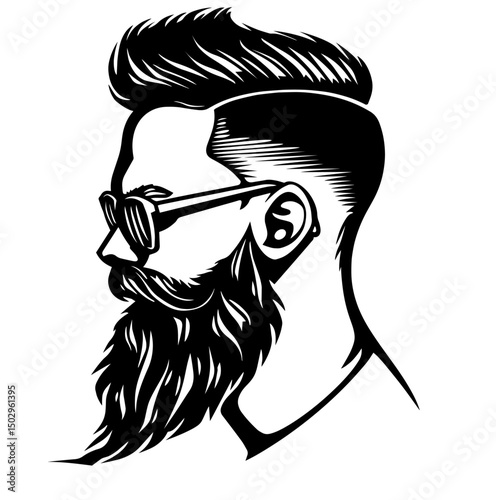 Silhouette of Bearded Man in Sunglasses, Side Profile – Hipster, Modern Male Style, Beard Trend, Barbershop Logo, Cool Look, Youth Culture Representation