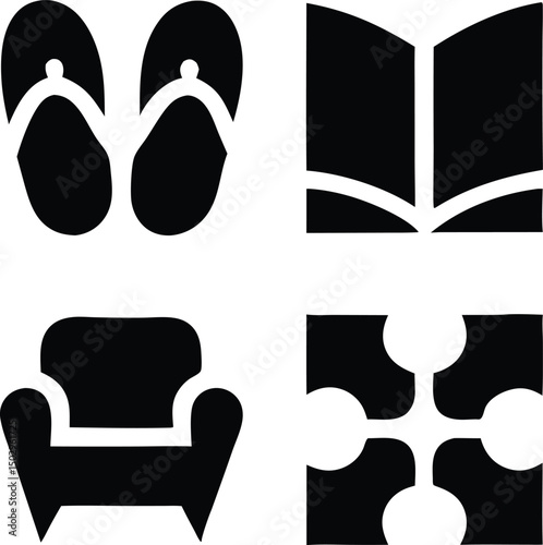 Minimal home relaxation icons in silhouette form representing comfort and tranquility