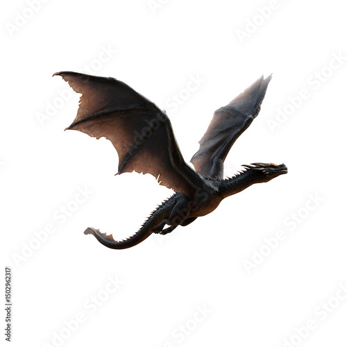 A black dragon with large wings in flight on a transparent background