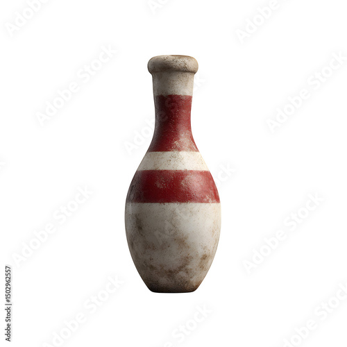 A bowling pin with red stripes shows a slightly rounder shape isolated on a transparent background