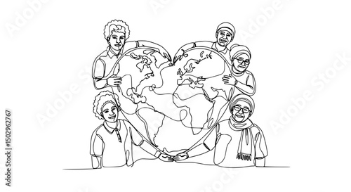 Diverse Group Embracing HeartShaped Earth in SingleLine Art