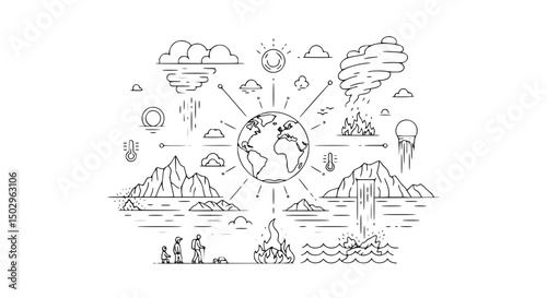 Line Art Depiction of Global Climate Change Impacts