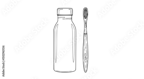 Line Art Illustration of a Glass Bottle and Wooden Toothbrush
