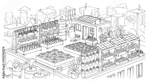 Urban Rooftop Farm Isometric Drawing Sustainable Cityscape Gardening