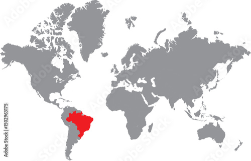 Vector illustration of Brazil map highlighted in red color on grey world map on white background