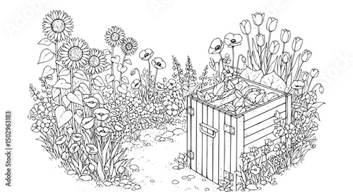 Wooden Compost Bin Amidst Blooming Sunflowers Poppies and Tulips