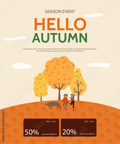 Autumn shopping event illustration Girlfriends on a dog walk Discount Coupons Banner Vector.	