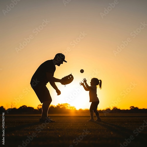 Happy Father's Day theme  of a Father and daughter silhouette playing baseball catch together during beautiful sunset