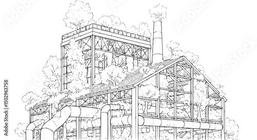 Overgrown Industrial Structure A Sketch of Nature Reclaiming Factory
