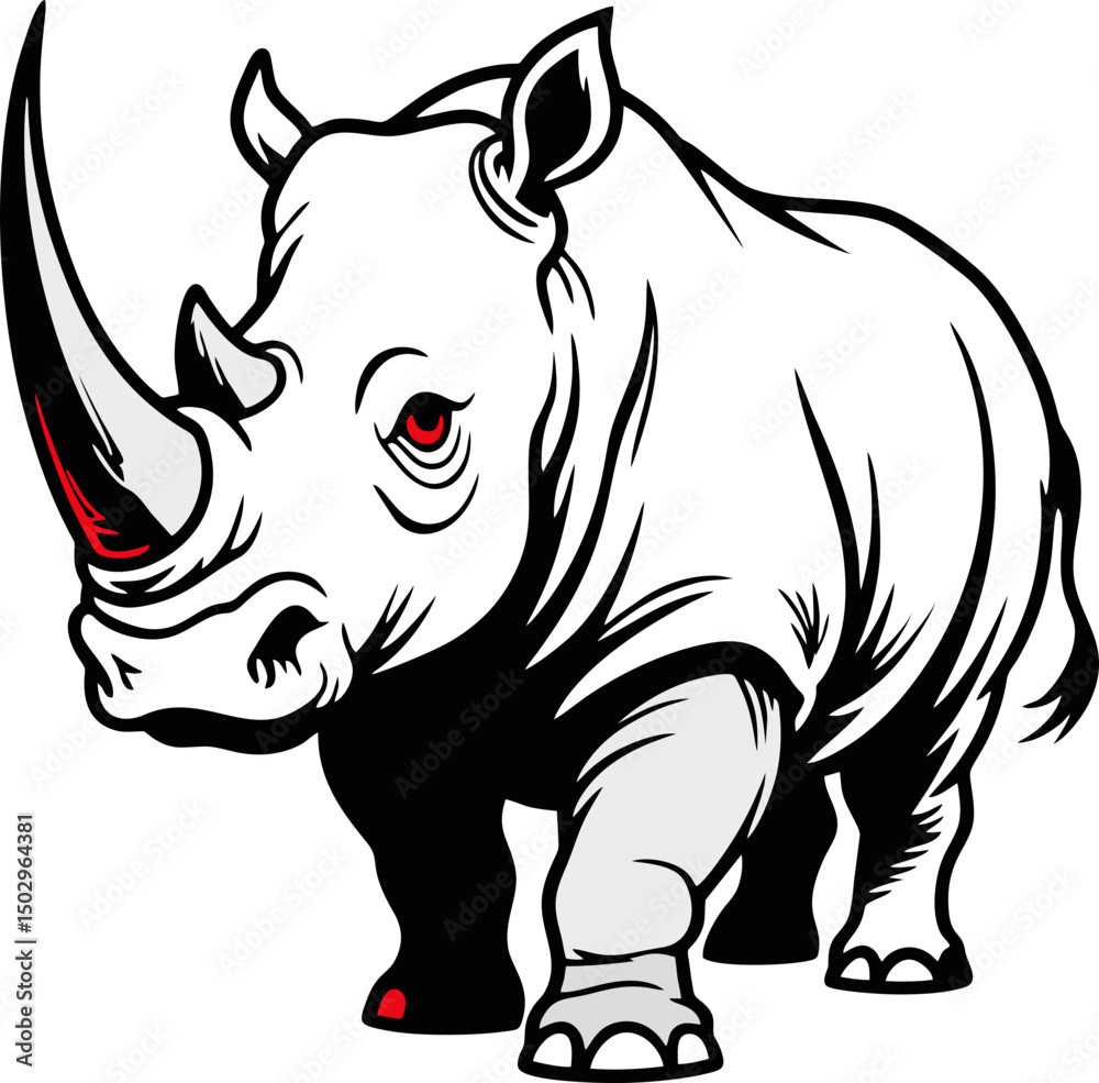 Fototapeta premium White Rhino Vector Illustration with Red Accents – Bold and Striking Animal Art