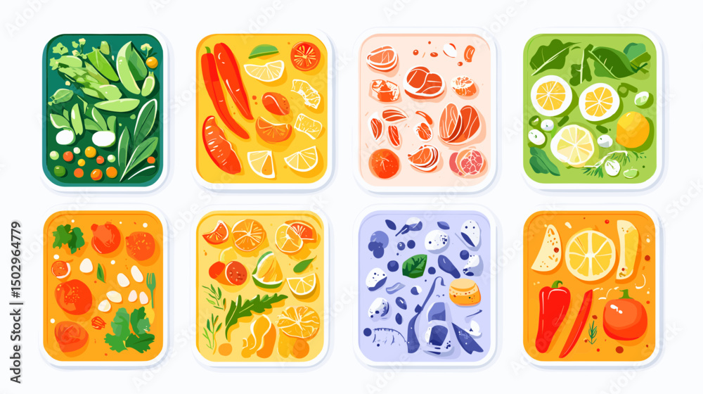 Fototapeta premium Colorful Arrangement of Fresh Fruits and Vegetables on Flat Surface with Vibrant Backgrounds
