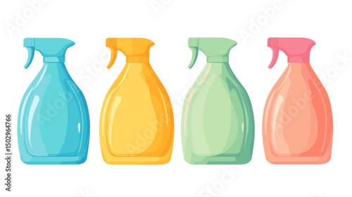 Colorful Arrangement of Four Spray Bottles in Blue Yellow Green and Pink for Household Cleaning