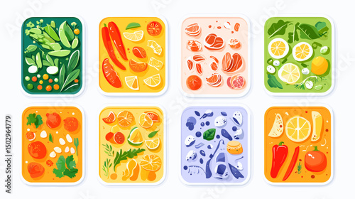 Colorful Arrangement of Fresh Fruits and Vegetables on Flat Surface with Vibrant Backgrounds