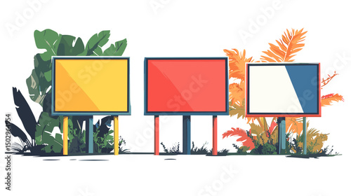 Colorful Billboards Surrounded by Lush Greenery in an Outdoor Tropical Setting