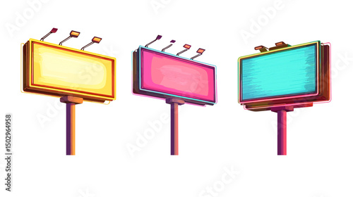 Colorful Billboards in Urban Environment with Bright Yellow Pink and Blue Colors