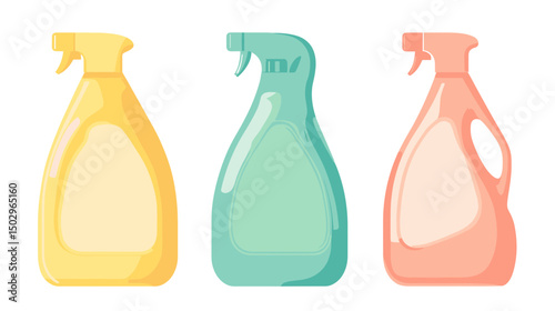Colorful Collection of Cleaning Spray Bottles in Yellow, Blue, and Pink for Household Use