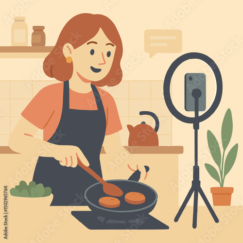 Young Woman Cooking Burger Patties While Live Streaming – Flat Vector Illustration