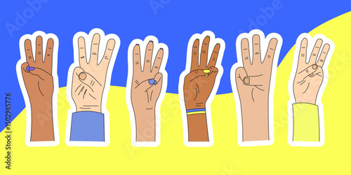 Stickers on a blue and yellow background, National symbol of the trident, coat of arms of Ukraine, 3 fingers, hands
