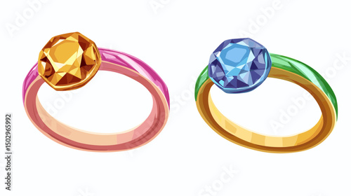 Colorful Gemstone Rings with Unique Designs in Pink, Orange, Blue, and Green Settings