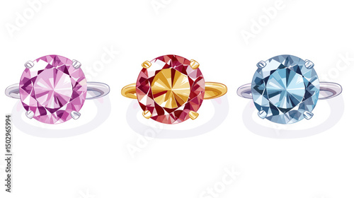 Colorful Gemstone Rings Featuring Pink Ruby, Golden Topaz and Blue Sapphire on White Background