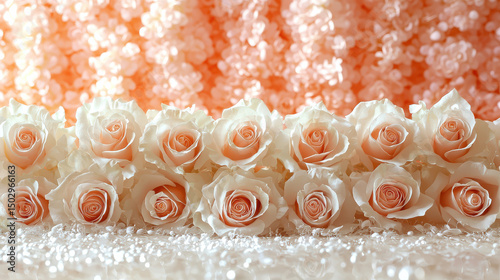 Elegant white and peach roses arranged beautifully with soft pink floral background, creating romantic and serene atmosphere