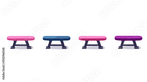 Colorful Minimalist Benches in Various Shades Arranged Harmoniously on a Clean White Background