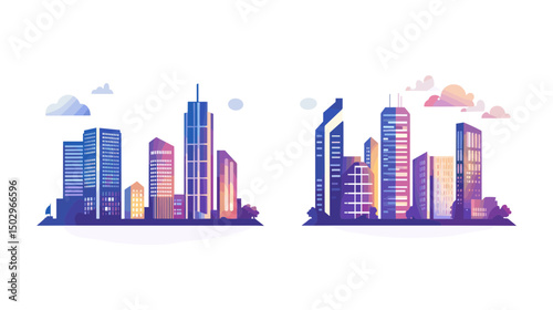Colorful Modern City Skyline with Skyscrapers Under a Sunset Sky and Soft Clouds