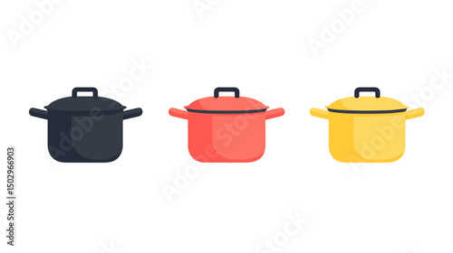 Colorful Set of Cookware in Black, Red and Yellow for Culinary and Home Cooking