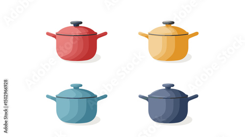 Colorful Set of Four Cooking Pots in Various Shades Arranged on a White Background