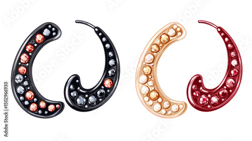Colorful Set of Elegant Earrings Featuring Black, Gold, and Red Designs with Pearls and Unique Shapes