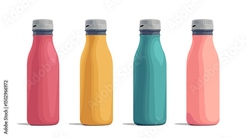 Colorful Set of Four Variety Beverage Bottles in Modern Design on Clean White Background